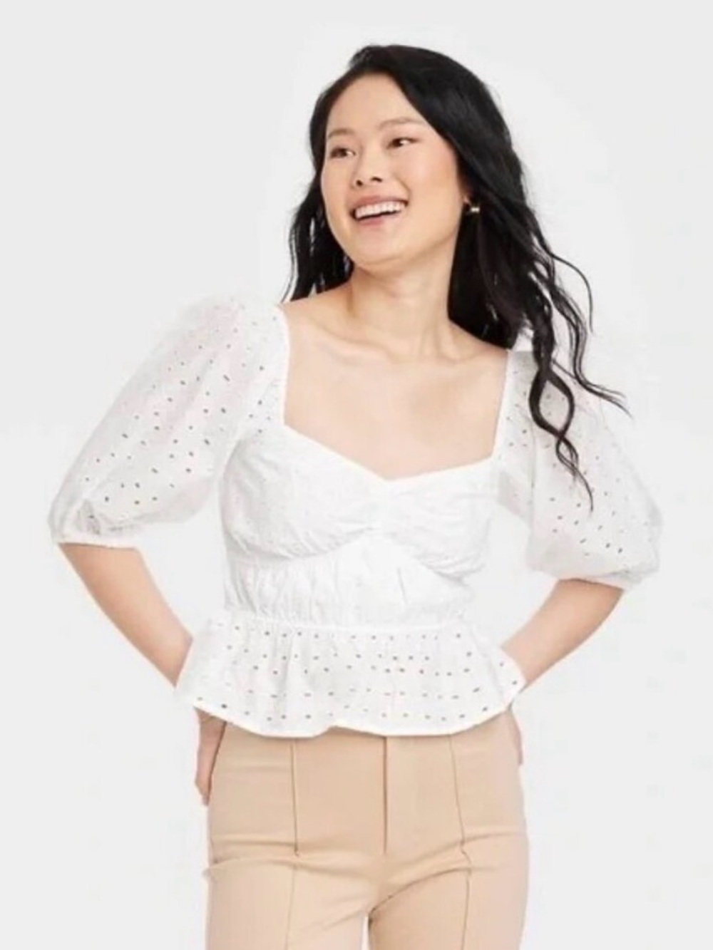 a new day White Eyelet Peplum Square Neck Blouse